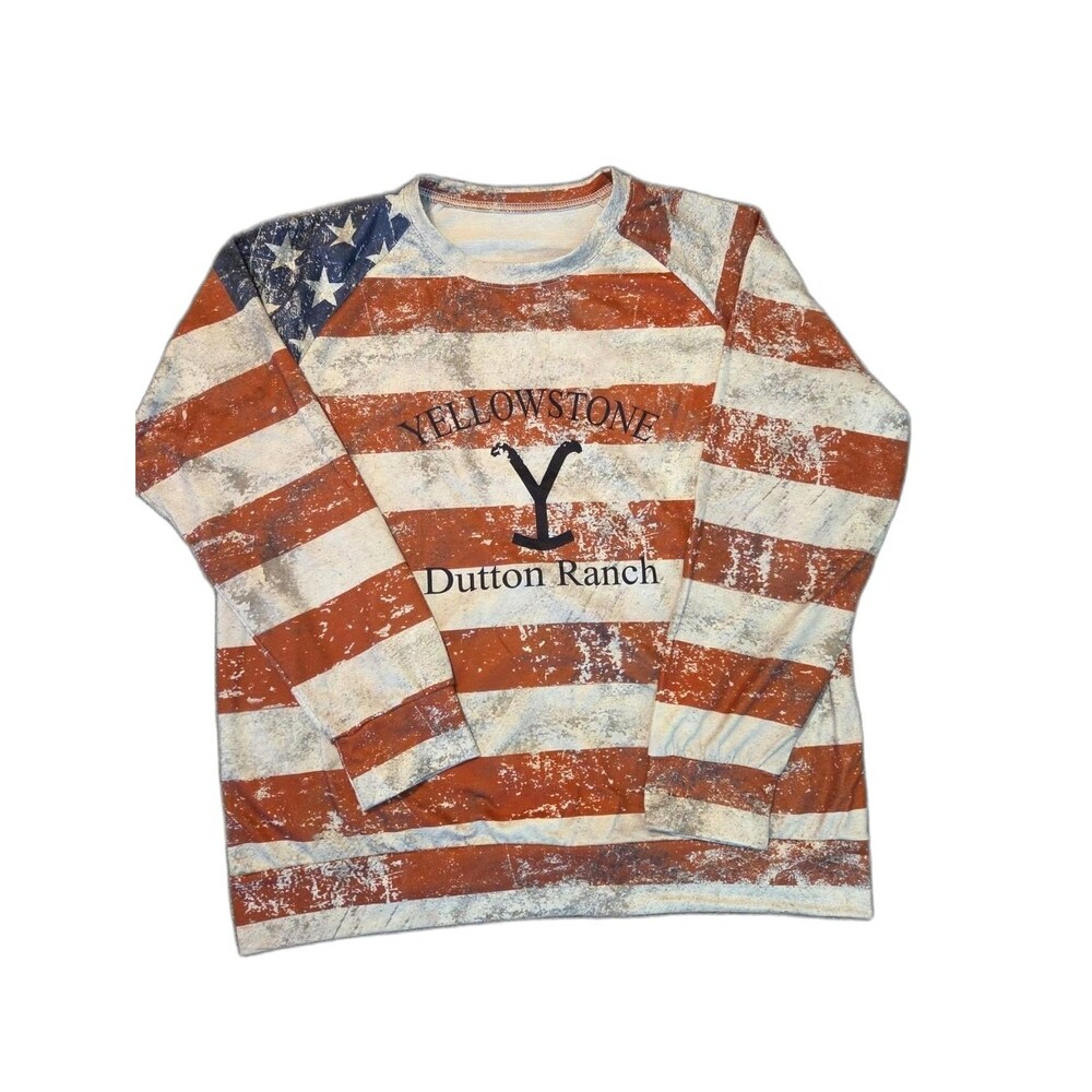 Yellowstone Dutton Ranch Long Sleeve Tee - Red & White Flag Stripe